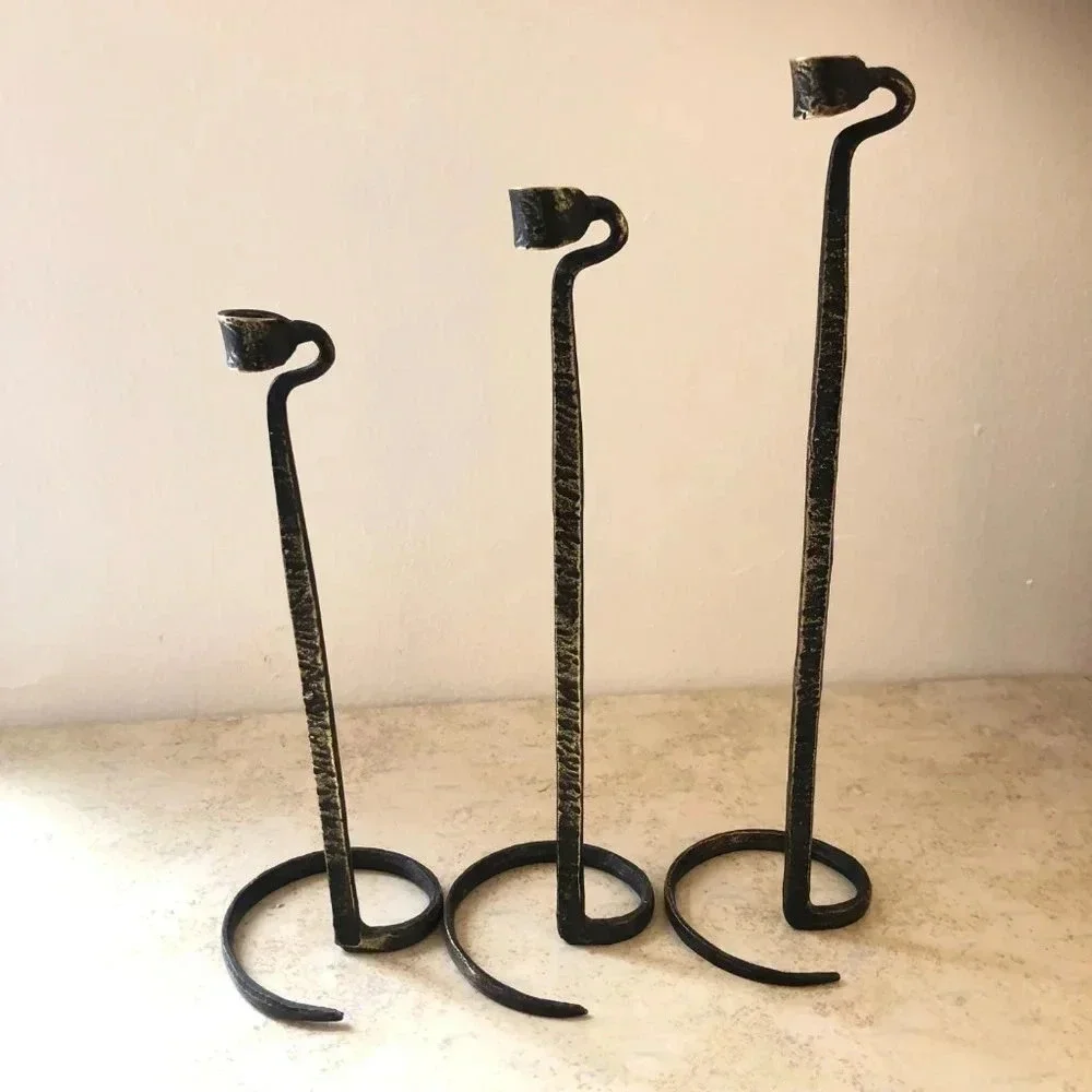 Blackened brass candle hand hewn holders rustic hammered patina set 15